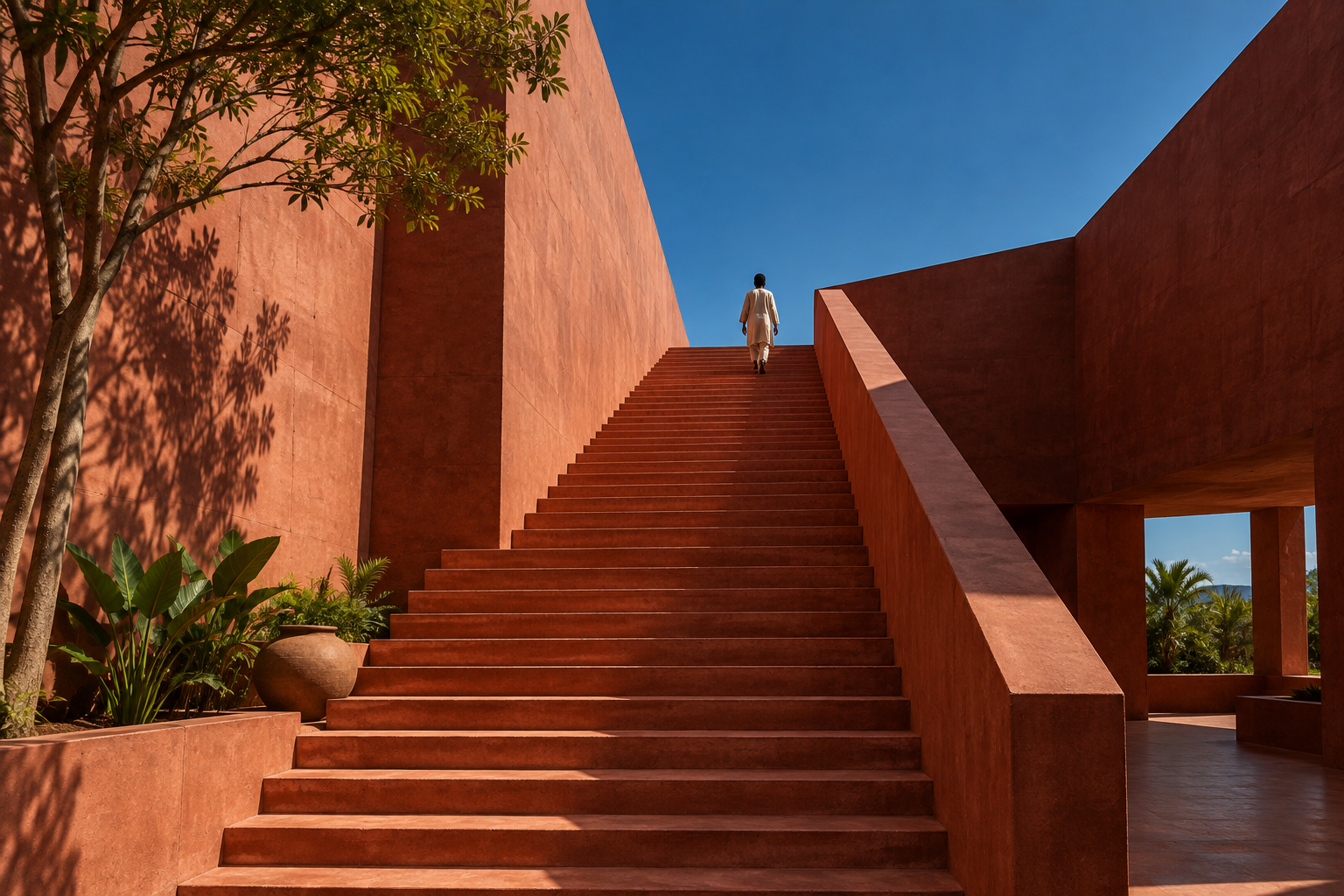 A person ascending a sunlit terracotta staircase